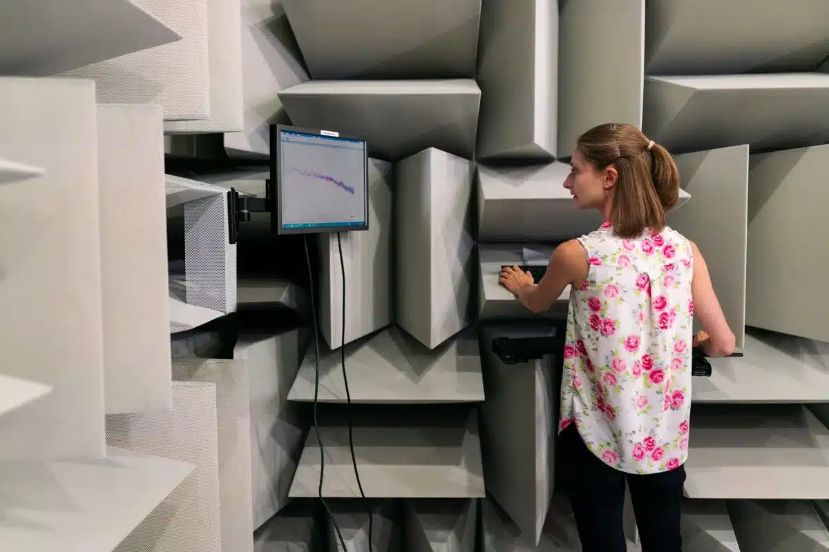 Interior of an anechoic chamber with testing equipment for evaluating radar signal performance