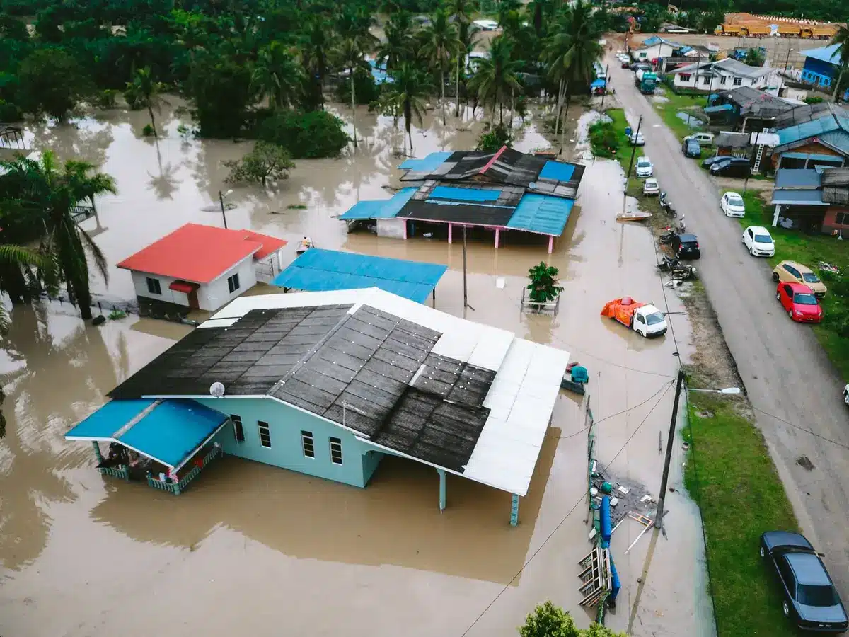 Emergency responders working in flooded area after severe storm damage