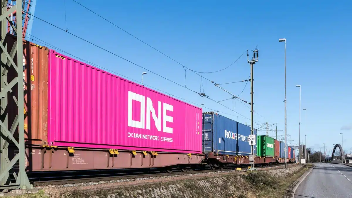 Cargo containers and logistics equipment at a rail terminal in an industrial border setting