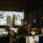 Soldiers reviewing drone tactical data in a military command center with multiple monitors