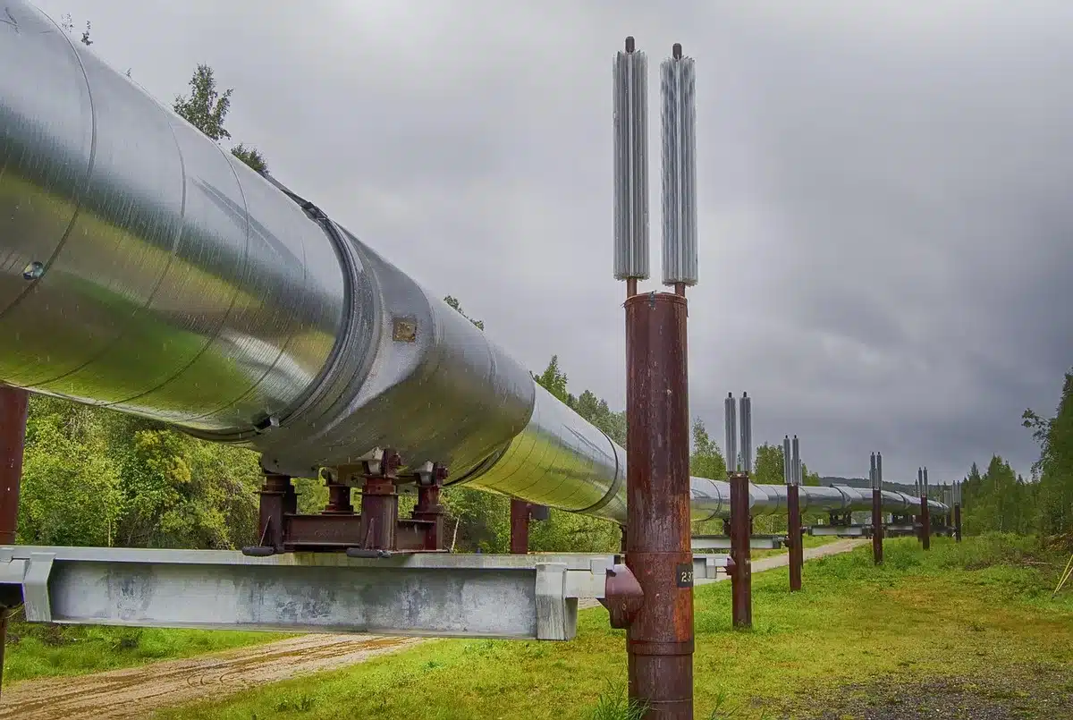Industrial pipeline infrastructure carrying oil across water systems